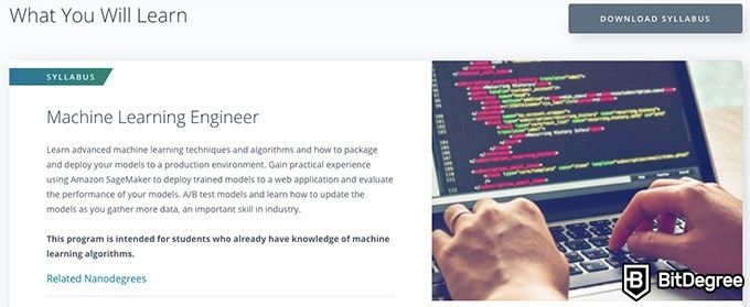 Udacity Machine Learning: what you will learn.