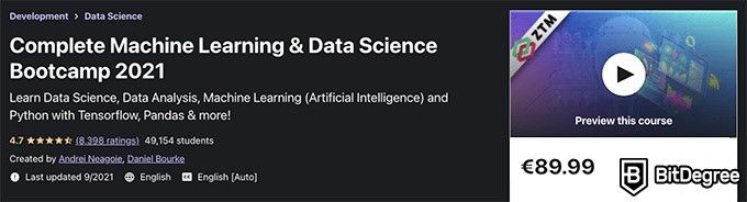 Khóa học khoa học dữ liệu Udemy tốt nhất: Máy học & Khoa học dữ liệu Bootcamp 2023.