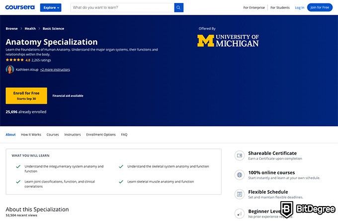 University of Michigan online courses: Anatomy Specialization.