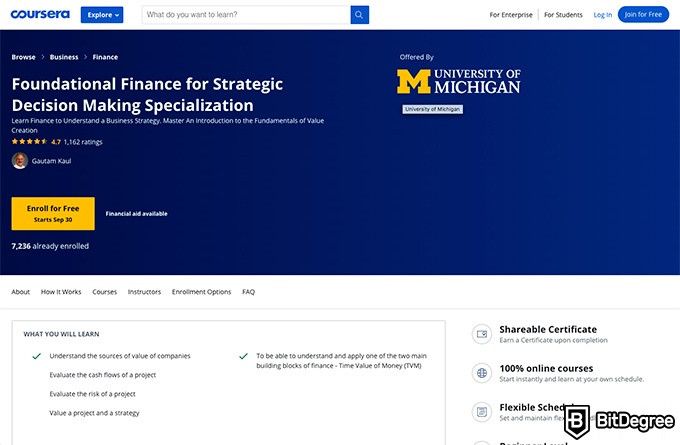 Cursos Online Universidad de Michigan: Especialización en Finanzas Fundamentales para la Toma de Decisiones Estratégicas.