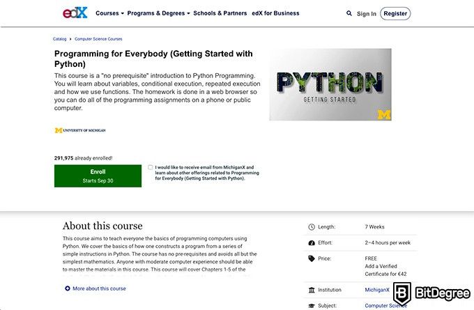 University of Michigan online courses: Programming for Everybody (Getting Started with Python).