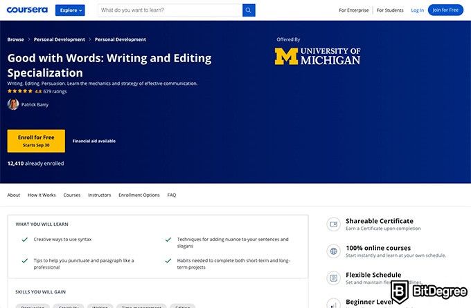 University of Michigan online courses: Good with Words: Writing and Editing Specialization.