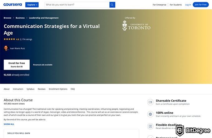 University of Toronto online courses: Communication Strategies for a Virtual Age.