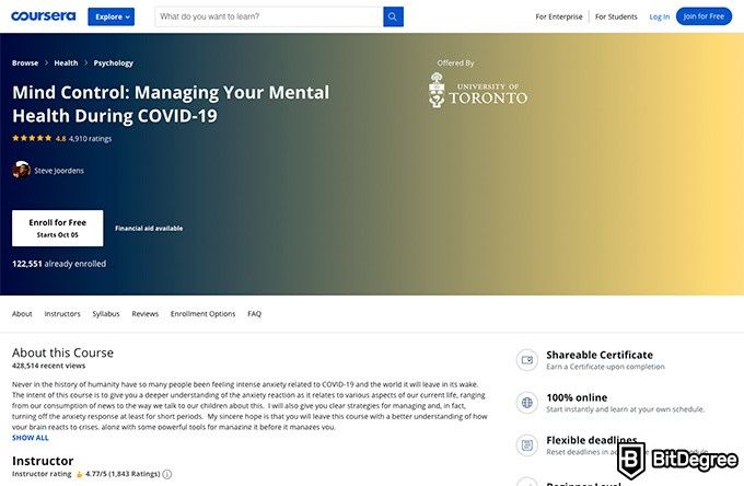 University of Toronto online courses: Mind Control: Managing Your Mental Health During COVID-19.