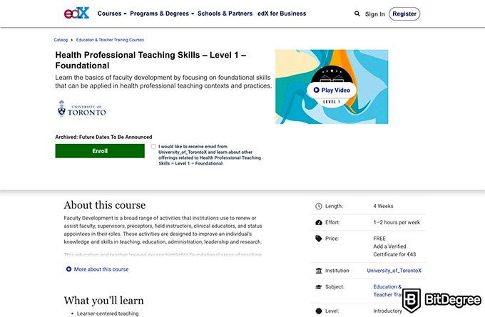 University of Toronto online courses: Health Professional Teaching Skills - Level 1 - Foundational.