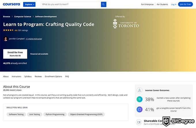 University of Toronto online courses: Learn to Program: Crafting Quality Code.