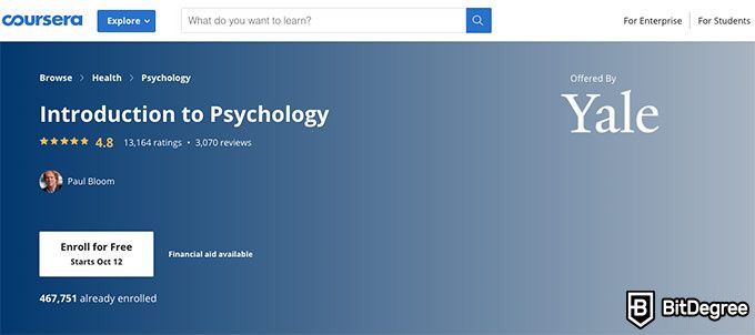 耶鲁大学在线课程：心理学概论。