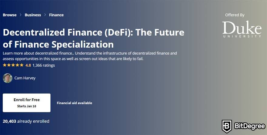 Best crypto trading course: Decentralized Finance (DeFi): The Future of Finance Specialization course on Coursera.