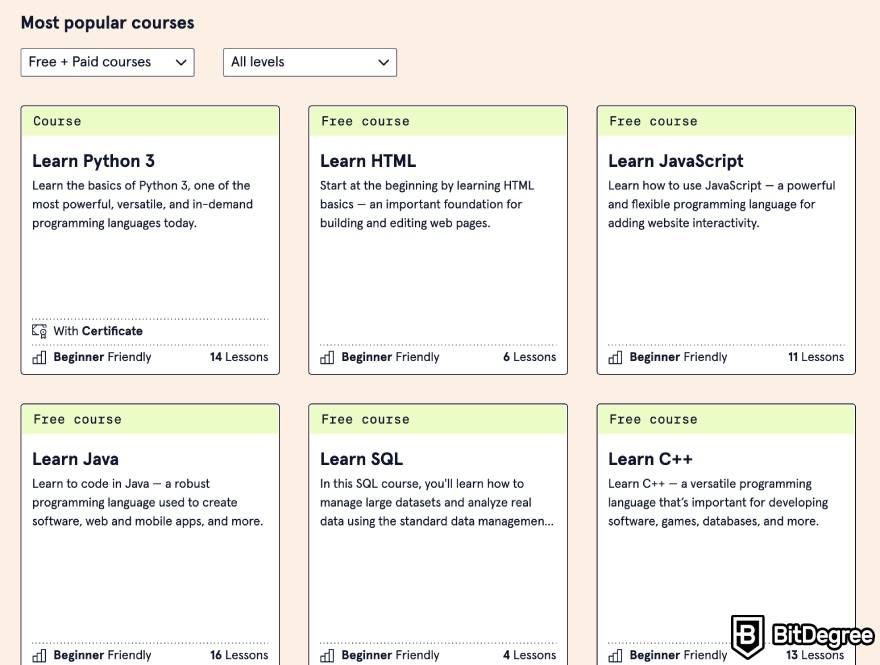 Codecademy review: course catalog.