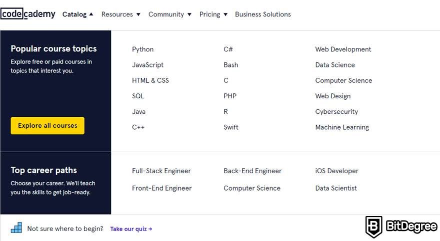 Codecademy VS Lynda: Codecademy course topics.