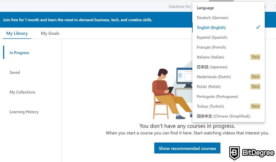 Codecademy VS Lynda: language selection on Lynda.