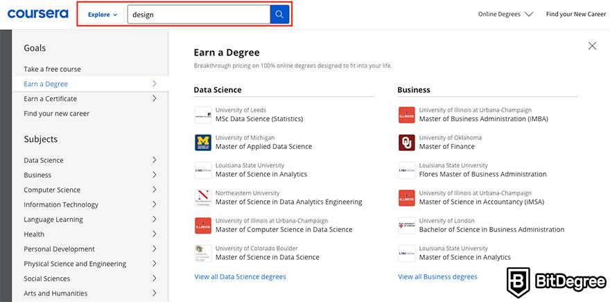 Coursera review: explore subjects or search.