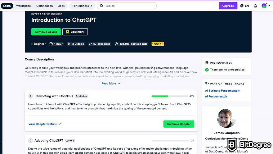 DataCamp review: intro to ChatGPT course page (when you are signed in).