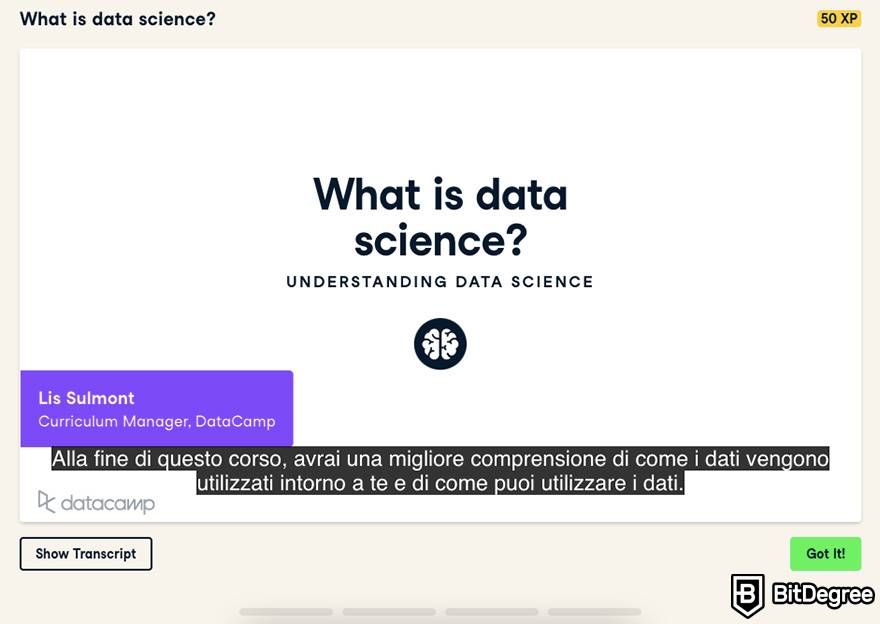 Dataquest vs DataCamp: Italian subtitles on a DataCamp video.
