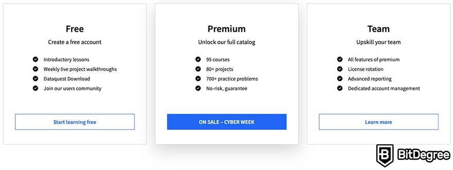 Dataquest vs DataCamp: Dataquest pricing plans.