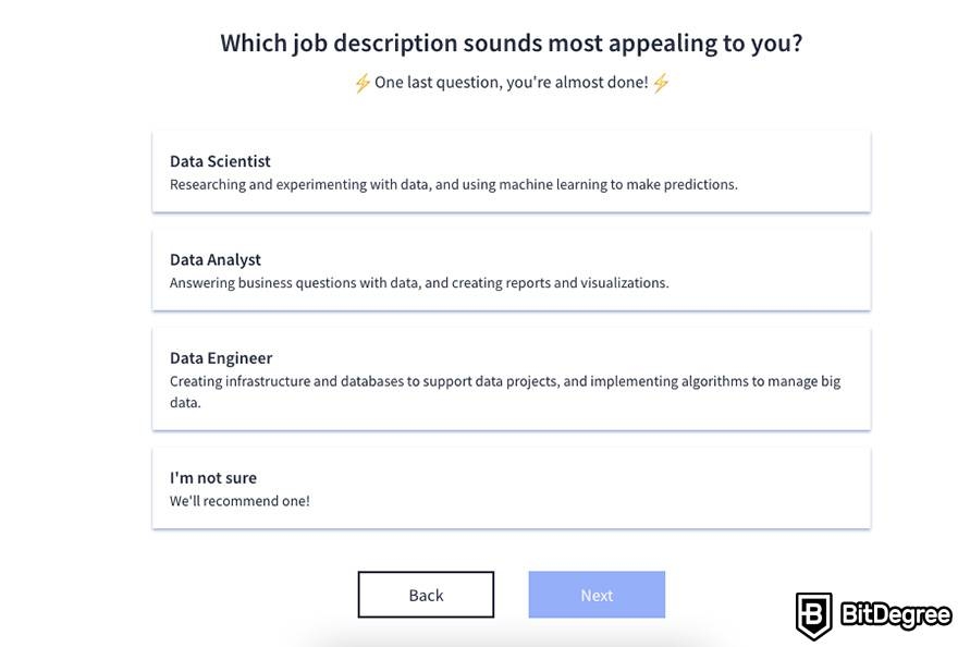 Dataquest vs DataCamp: the Dataquest learning personalization quiz, question 3.