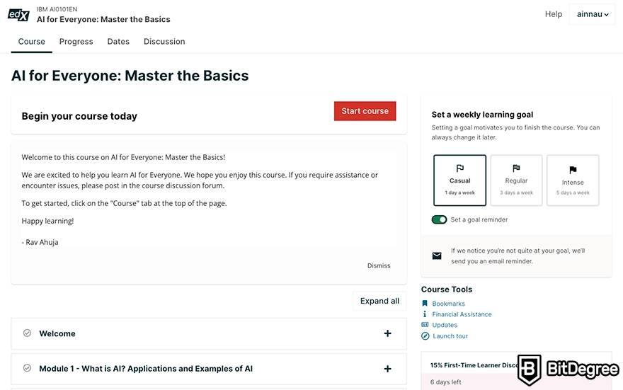 edX review: course dashboard.