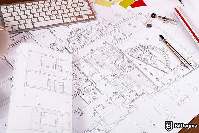Engineering online degree: blueprints of an engineering project.