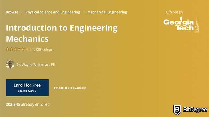 Engineering online degree: Introduction to Engineering Mechanics course on Coursera.
