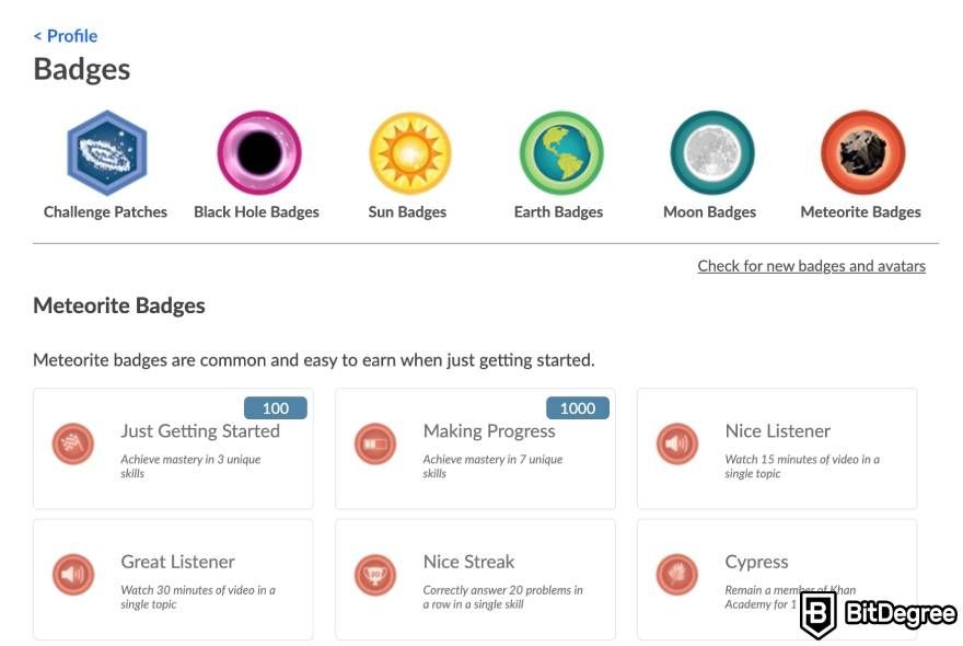 Khan Academy review: badges available on Khan Academy.