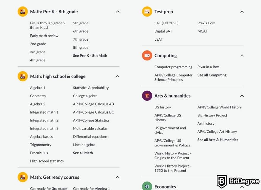 Khan Academy review: part of the available course list.