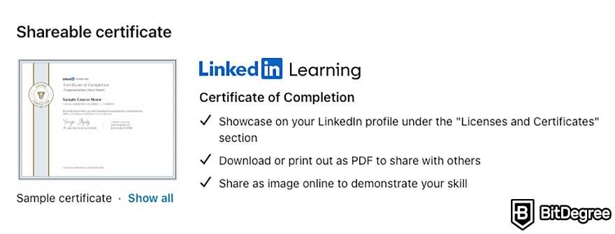 LinkedIn Learning review: certificate example.