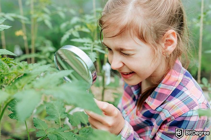 Online biology courses: a girl is looking at plants through a magnifying glass.