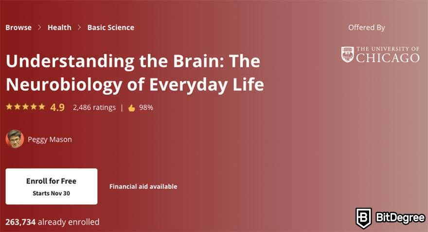 Online biology courses: the Understanding the Brain: The Neurobiology of Everyday Life course on Coursera.