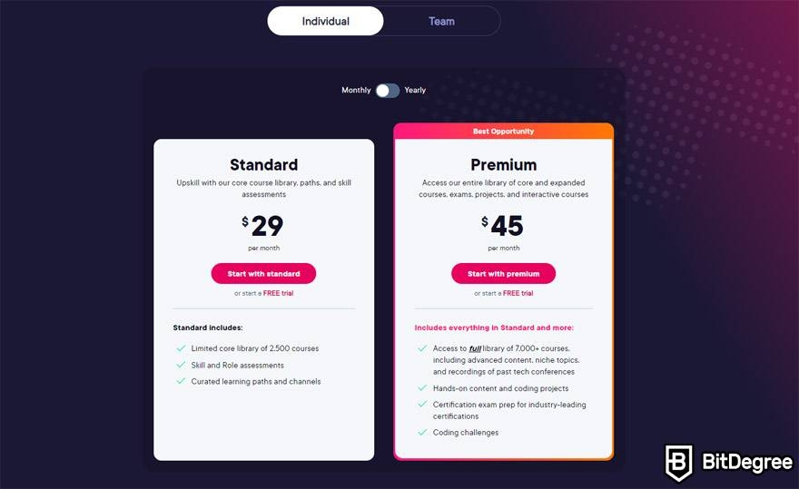 Pluralsight VS Treehouse: Pluralsight plans for individual users.