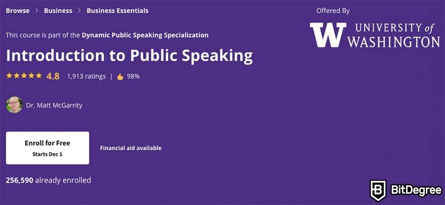 Public speaking classes online: the Introduction to Public Speaking course on Coursera.