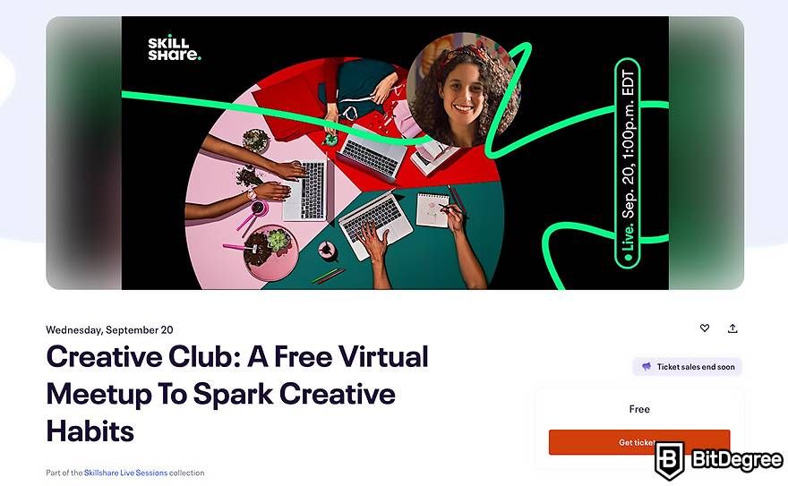 Skillshare review: Live Session - Creative Club: A Free Virtual Meetup to Spark Creative Habits.