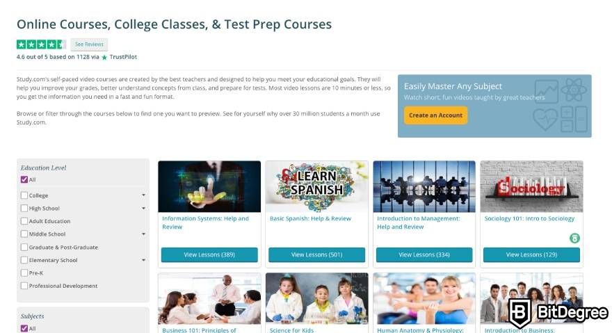 Study.com review: courses.