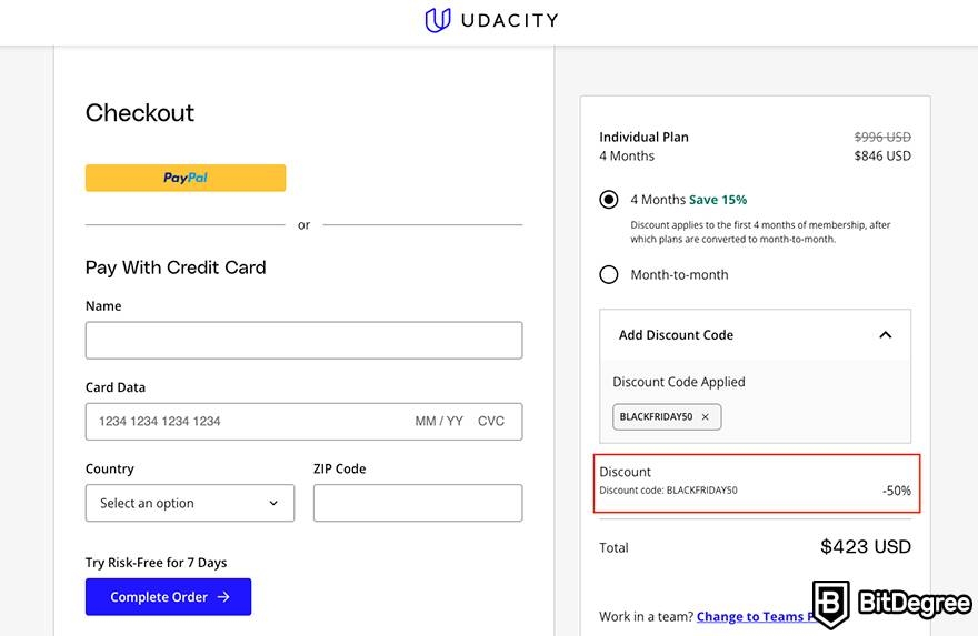 Udacity coupon: checkout.