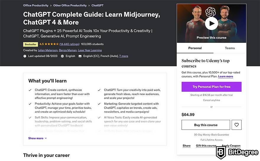 Udemy review: ChatGPT Complete Guide course page.