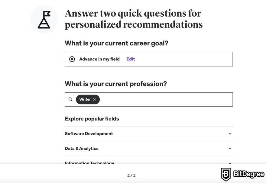 Udemy review: questions for personalized recommendations.